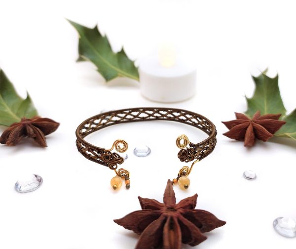 Bracelet Wire wrapping - Bijoux de Créateur, Artisanat - Bracelet tressé « Rêve celtique » avec perles quartz et grenat Hessonite