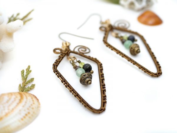 Boucles d'oreilles Wire wrapping unique - Bijoux de Créateur, Artisanat français - Boucles "cycles des embruns" en perles de pierres fines