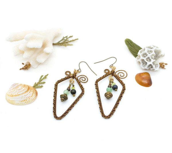 Boucles d'oreilles Wire wrapping unique - Bijoux de Créateur, Artisanat français - Boucles "cycles des embruns" en perles de pierres fines