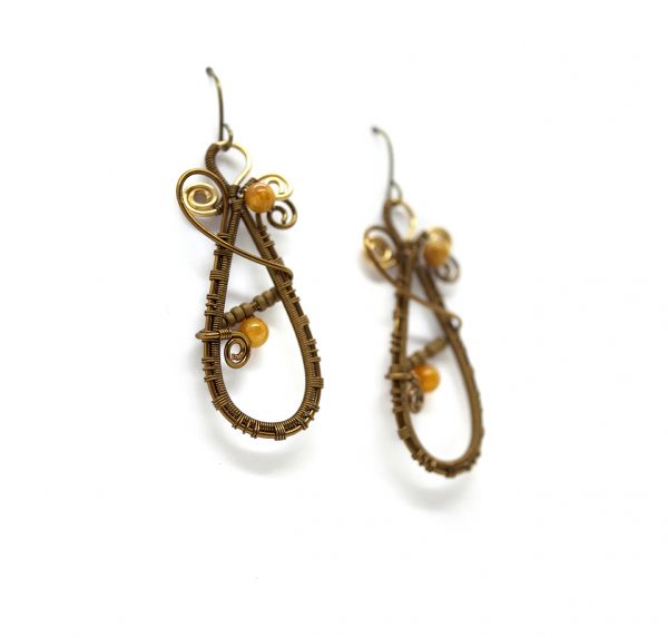 Boucles d'oreilles Wire wrapping unique - Bijoux de Créateur, Artisanat français - Boucles "sous l'oranger" en tressages et pierre de fossile