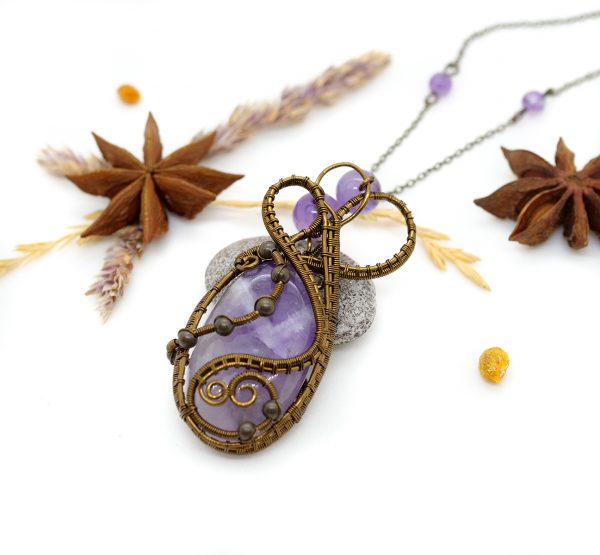 Collier Wire wrapping unique - Bijoux de Créateur, Artisanat - Pendentif artisanal "Coeur de Viarrey" en amethyste