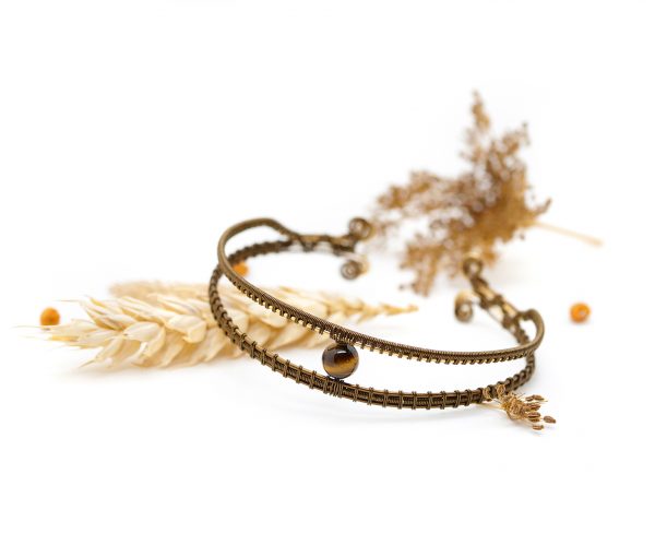Bracelet tressé en Wire wrapping - Bijoux de Créateur, Artisanat français - Bracelet « Oeil d'Horus » avec perle d'oeil de tigre
