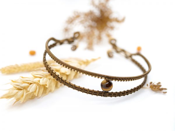Bracelet tressé en Wire wrapping - Bijoux de Créateur, Artisanat français - Bracelet « Oeil d'Horus » avec perle d'oeil de tigre