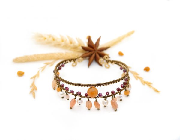 Bracelet tressé en Wire wrapping - Bijoux de Créateur, Artisanat français - Bracelet « Tribu du Soleil Levant » avec perles de pierres fines