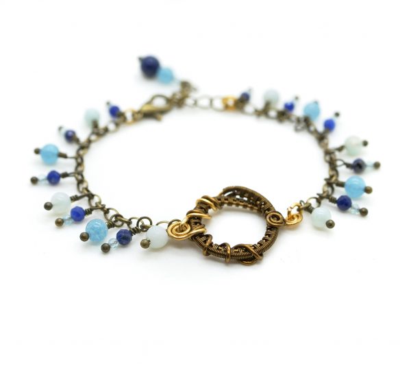 Bracelet Wire wrapping - Bijoux de Créateur, Artisanat français - Bracelet de perles unique « Fleuve au repos » - Perles en pierres gemmes bleues