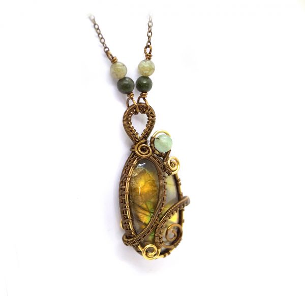 Collier Wire wrapping unique - Bijoux de Créateur en pierre gemme, Artisanat - Pendentif artisanal "Les Eaux de la Mangrove" en labradorite