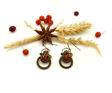 Boucles d'oreilles Wire wrapping unique - Bijoux de Créateur, Artisanat français - Boucles "Le Temps de la Cueillette" aux couleurs de l'automne, décorées de pierres gemmes - Made in France